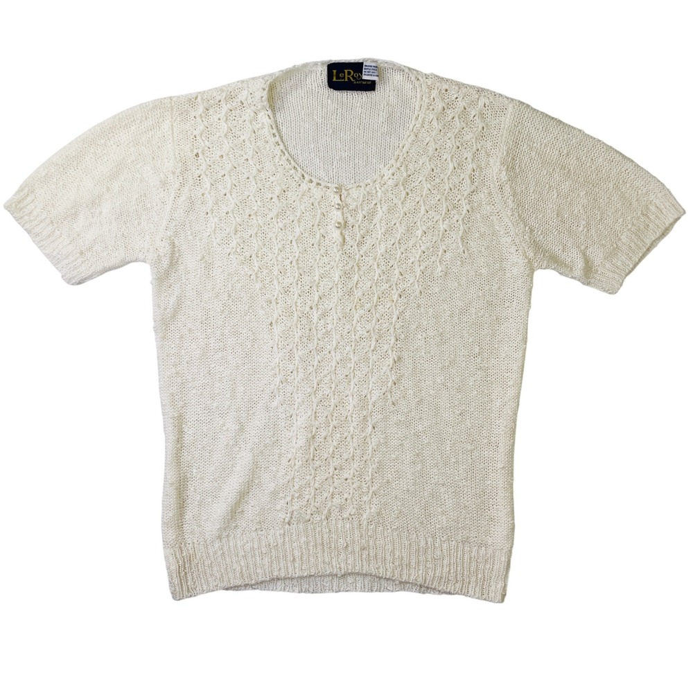 LeRoy Knitwear Vintage Cream Short Sleeve Cable Knit Sweater Pearl Button XL